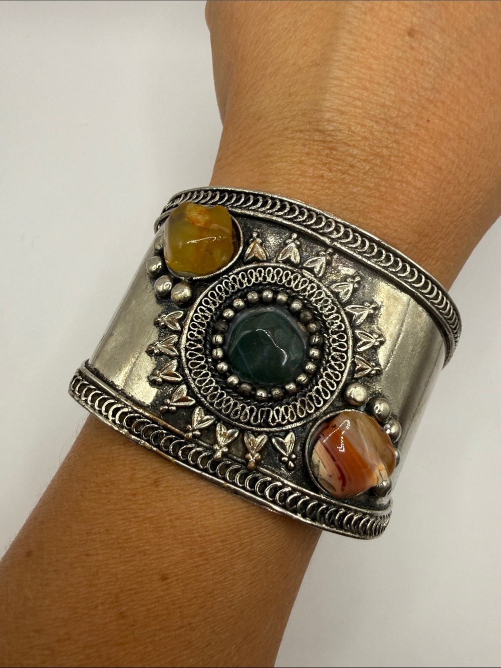 Vintage Silver Tone Multicolored Gemstone Large Bangle Cuff Statement Bracelet